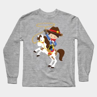 Cowboy, Sheriff, Horse, Lasso, Western, Brown Hair Long Sleeve T-Shirt